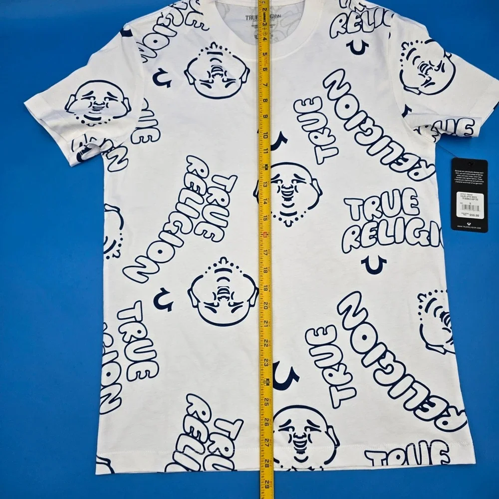 True Religion AOP Bubble Tee‎ Buddha Print White Navy Streetwear Small